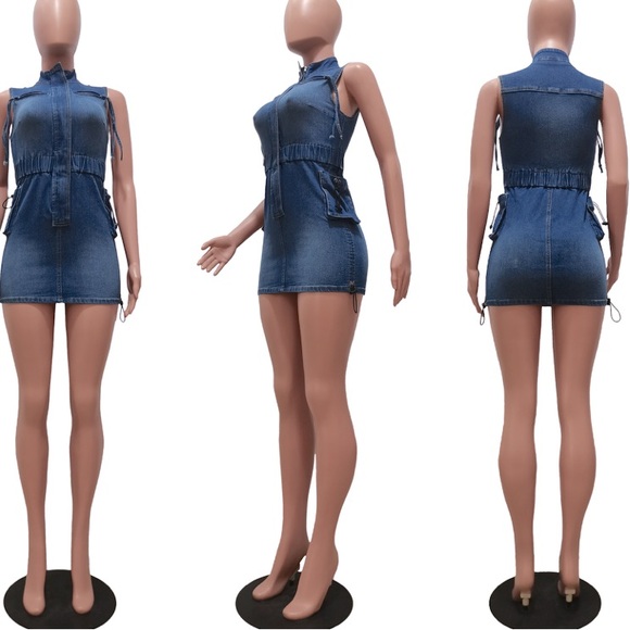 🎉Get ready to rock this zip front sleeveless patch pockets bodycon denim dress - Picture 3 of 5